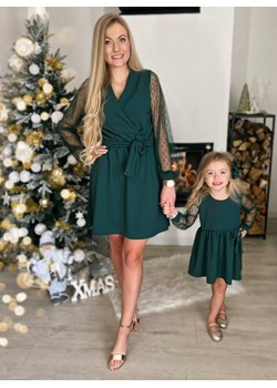 Zestaw sukienek z tiulowymi rękawami mama i córka Kozzii - butelkowa zieleń - butelkowa zieleń ze sklepu pakuten.pl w kategorii Sukienki - zdjęcie 166435721