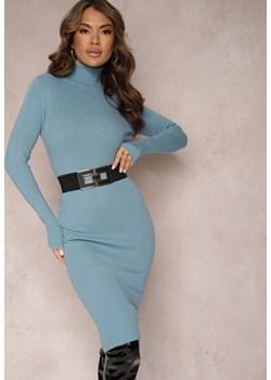 Niebieska Dopasowana Sukienka Midi z Wełną i Golfem Sylwarra ze sklepu Renee odzież w kategorii Sukienki - zdjęcie 166454811
