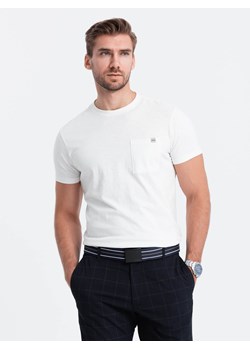 Dzianinowy T-shirt męski z naszytą kieszonką - ecru V7 S1621 ze sklepu ombre w kategorii T-shirty męskie - zdjęcie 166472460