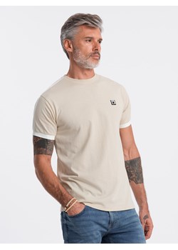 T-shirt męski bawełniany z kontrastującymi wstawkami - kremowy V7 S1632 ze sklepu ombre w kategorii T-shirty męskie - zdjęcie 166472473