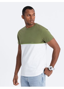 T-shirt męski bawełniany dwukolorowy - oliwkowo-biały V5 S1619 ze sklepu ombre w kategorii T-shirty męskie - zdjęcie 166480292
