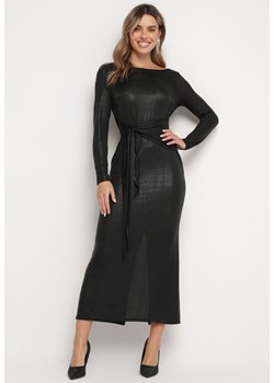 Czarna Sukienka Maxi z Metaliczną Nitką i Wiązanym Paskiem Ivoria ze sklepu Born2be Odzież w kategorii Sukienki - zdjęcie 166484831