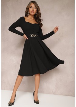 Czarna Rozkloszowana Sukienka Midi z Guzikami i Głębokim Dekoltem Salaria ze sklepu Renee odzież w kategorii Sukienki - zdjęcie 166498800