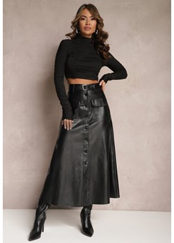 Czarna Rozkloszowana Spódnica Midi z Imitacji Skóry z Kieszeniami z Klapą i Guzikami Maronna ze sklepu Renee odzież w kategorii Spódnice - zdjęcie 166498831