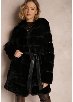 Czarny Płaszcz Futrzany Pikowany z Kapturem Pherahe ze sklepu Renee odzież w kategorii Futra damskie - zdjęcie 166536021