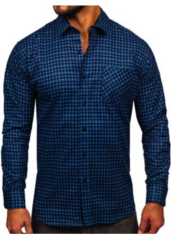 Granatowa koszula męska flanelowa w kratę z długim rękawem Denley F4 ze sklepu Denley w kategorii Koszule męskie - zdjęcie 166621360