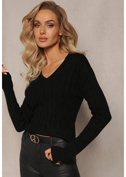 Czarny Sweter z Dekoltem w Serek i Warkoczykowym Splotem Silmirra ze sklepu Renee odzież w kategorii Swetry damskie - zdjęcie 166625791