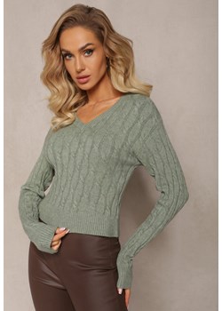 Zielony Sweter z Dekoltem w Serek i Warkoczykowym Splotem Silmirra ze sklepu Renee odzież w kategorii Swetry damskie - zdjęcie 166625801