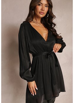 Czarna Rozkloszowana Sukienka z Kopertowym Dekoltem i Gumką w Pasie Alulitta ze sklepu Renee odzież w kategorii Sukienki - zdjęcie 166672674