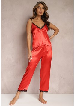 Czerwony Dwuczęściowy Komplet Piżamowy z Satyny z Ozdobną Koronką Tujania ze sklepu Renee odzież w kategorii Piżamy damskie - zdjęcie 166769181
