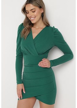 Zielona Dopasowana Sukienka Kopertowa Mini z Metaliczną Nitką Noires ze sklepu Born2be Odzież w kategorii Sukienki - zdjęcie 166927733