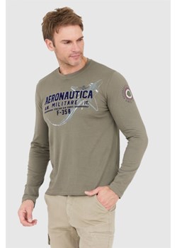 AERONAUTICA MILITARE Khaki longsleeve męski z dużym aksamitnym logo, Wybierz rozmiar 3XL ze sklepu outfit.pl w kategorii T-shirty męskie - zdjęcie 166935091