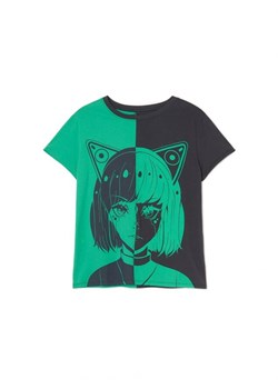 Cropp - Czarno-zielona koszulka z nadrukiem - wielobarwny ze sklepu Cropp w kategorii Bluzki damskie - zdjęcie 166947603