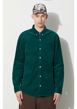 Carhartt WIP koszula sztruksowa Longsleeve Madison Fine Cord Shirt kolor zielony regular z kołnierzykiem button-down I030580.1ZUXX ze sklepu PRM w kategorii Koszule męskie - zdjęcie 166979493