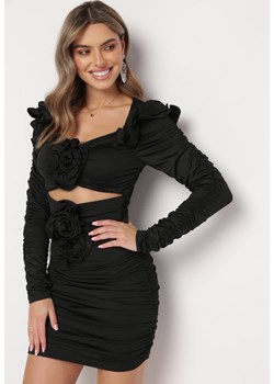 Czarna Drapowana Sukienka Mini z Rozcięciami i Kwiatami Jadinia ze sklepu Born2be Odzież w kategorii Sukienki - zdjęcie 166982933