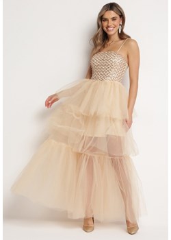 Beżowa Sukienka Maxi z Tiulowymi Falbanami i Ozdobnymi Cekinami Joliette ze sklepu Born2be Odzież w kategorii Sukienki - zdjęcie 166982974