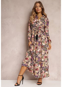 Beżowo-Fioletowa Sukienka Rozkloszowana w Kwiaty Rotu ze sklepu Renee odzież w kategorii Sukienki - zdjęcie 167381283