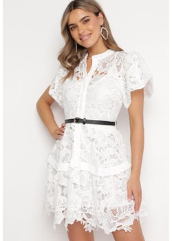 Biała Koronkowa Sukienka Koszulowa Mini z Paskiem Nilira ze sklepu Born2be Odzież w kategorii Sukienki - zdjęcie 167421623