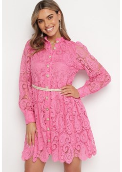 Różowa Koronkowa Sukienka z Plecionym Paskiem Ilvila ze sklepu Born2be Odzież w kategorii Sukienki - zdjęcie 167421693