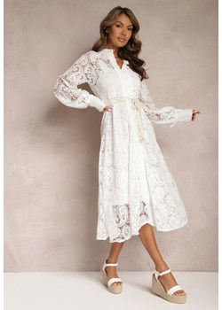 Biała Koronkowa Sukienka Midi z Ozdobnym Wiązaniem Camaela ze sklepu Renee odzież w kategorii Sukienki - zdjęcie 167447181
