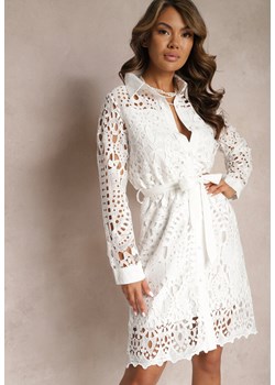 Biała Koszulowa Sukienka Mini z Ażurowej Koronki i Paskiem Norila ze sklepu Renee odzież w kategorii Sukienki - zdjęcie 167447201