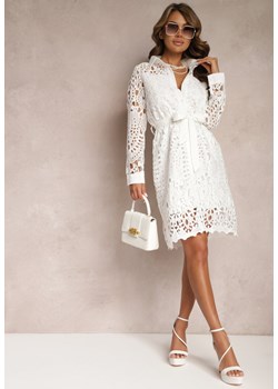 Biała Koszulowa Sukienka Mini z Ażurowej Koronki i Paskiem Norila ze sklepu Renee odzież w kategorii Sukienki - zdjęcie 167447202