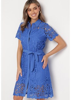 Niebieska Ażurowa Sukienka Koszulowa Midi z Wiązanym Paskiem Pamy ze sklepu Born2be Odzież w kategorii Sukienki - zdjęcie 167448753