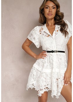 Biała Koszulowa Sukienka Midi z Ażurową Koronką i Paskiem Silira ze sklepu Renee odzież w kategorii Sukienki - zdjęcie 167521923