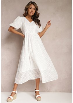 Biała Rozkloszowana Sukienka Haftowana Maxi z Krótkim Rękawem Garneta ze sklepu Renee odzież w kategorii Sukienki - zdjęcie 167521933