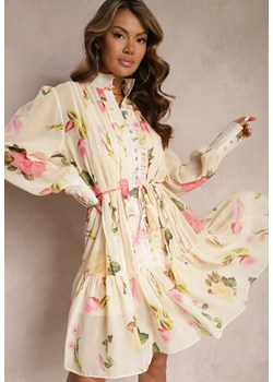 Jasnobeżowa Plisowana Sukienka Midi z Kwiatowym Wzorem z Paskiem i Guzikami Jazai ze sklepu Renee odzież w kategorii Sukienki - zdjęcie 167521943