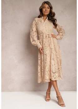 Beżowa Koronkowa Sukienka Midi z Ozdobnym Wiązaniem Camaela ze sklepu Renee odzież w kategorii Sukienki - zdjęcie 167521963