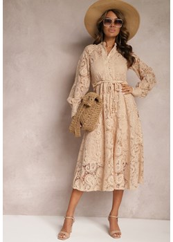 Beżowa Koronkowa Sukienka Midi z Ozdobnym Wiązaniem Camaela ze sklepu Renee odzież w kategorii Sukienki - zdjęcie 167521964