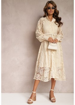 Jasnobeżowa Koronkowa Sukienka Midi z Ozdobnym Wiązaniem Camaela ze sklepu Renee odzież w kategorii Sukienki - zdjęcie 167521974
