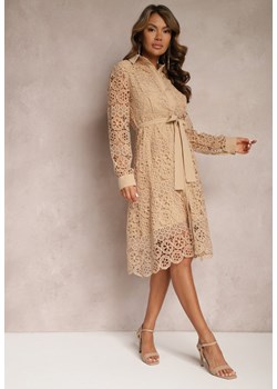 Beżowa Rozkloszowana Midi Sukienka Ozdobiona Koronką z Paskiem w Talii Sailla ze sklepu Renee odzież w kategorii Sukienki - zdjęcie 167522003