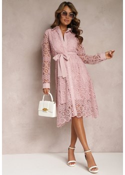 Różowa Rozkloszowana Midi Sukienka Ozdobiona Koronką z Paskiem w Talii Sailla ze sklepu Renee odzież w kategorii Sukienki - zdjęcie 167522013