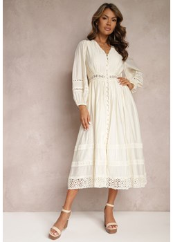 Jasnobeżowa Rozkloszowana Sukienka Midi z Ażurowym Zdobieniem Celira ze sklepu Renee odzież w kategorii Sukienki - zdjęcie 167522033