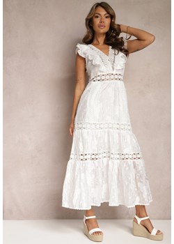 Biała Koronkowa Sukienka z Ażurowymi Wstawkami i Falbanką Rehlia ze sklepu Renee odzież w kategorii Sukienki - zdjęcie 167522043