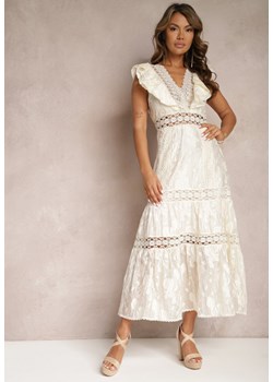 Jasnobeżowa Koronkowa Sukienka z Ażurowymi Wstawkami i Falbanką Rehlia ze sklepu Renee odzież w kategorii Sukienki - zdjęcie 167522053