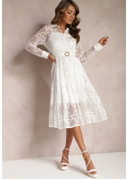 Biała Haftowana Sukienka Midi z Paskiem Binaela ze sklepu Renee odzież w kategorii Sukienki - zdjęcie 167522083