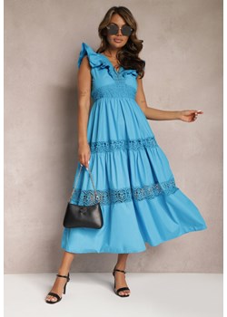 Niebieska Rozkloszowana Sukienka Maxi z Koronką i Wiązaniem na Plecach Iofia ze sklepu Renee odzież w kategorii Sukienki - zdjęcie 167522133