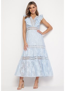 Jasnoniebieska Sukienka z Falbanką Przy Dekolcie i Koronkowymi Wstawkami Daxave ze sklepu Born2be Odzież w kategorii Sukienki - zdjęcie 167526170