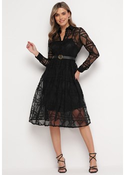 Czarna Rozkloszowana Sukienka Midi z Haftowanej Tkaniny Abdiela ze sklepu Born2be Odzież w kategorii Sukienki - zdjęcie 167526212