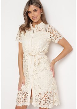 Beżowa Ażurowa Sukienka Koszulowa Midi z Wiązanym Paskiem Pamy ze sklepu Born2be Odzież w kategorii Sukienki - zdjęcie 167526233