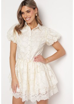 Jasnobeżowa Koronkowa Sukienka Mini w Kwiaty z Bufiastymi Rękawami Cervi ze sklepu Born2be Odzież w kategorii Sukienki - zdjęcie 167526254