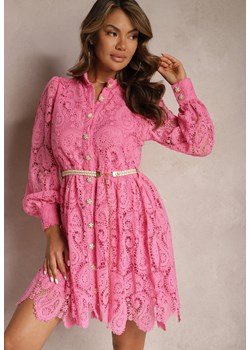 Różowa Koszulowa Sukienka Koronkowa z Paskiem Elvila ze sklepu Renee odzież w kategorii Sukienki - zdjęcie 167561961