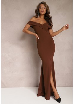 Brązowa Taliowana Sukienka Maxi z Rozcięciem Perlina ze sklepu Renee odzież w kategorii Sukienki - zdjęcie 167564801