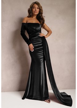 Czarna Asymetryczna Sukienka Maxi z Ozdobnym Marszczeniem i Trenem Cirielle ze sklepu Renee odzież w kategorii Sukienki - zdjęcie 167564811
