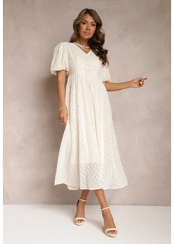 Beżowa Rozkloszowana Sukienka Haftowana Maxi z Krótkim Rękawem Garneta ze sklepu Renee odzież w kategorii Sukienki - zdjęcie 167564841