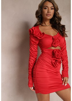 Czerwona Dopasowana Sukienka Mini z Wycięciami i Ozdobnymi Kwiatami Karmine ze sklepu Renee odzież w kategorii Sukienki - zdjęcie 167643270