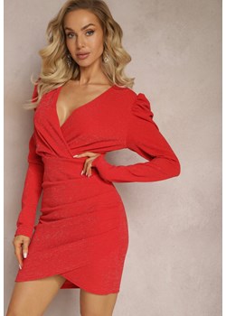 Czerwona Połyskująca Sukienka Kopertowa Mini z Marszczeniem Fioras ze sklepu Renee odzież w kategorii Sukienki - zdjęcie 167643610